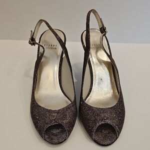 Stuart Weitzman Shimmering Gold Silver Peep-Toe Heels